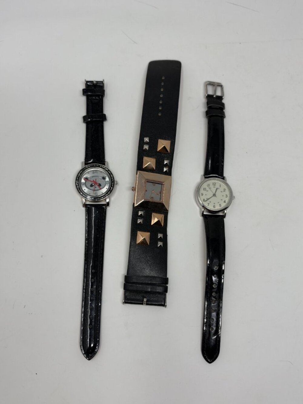 Lot 3 Watches Black Strap Studded Cuff Punk Glitter Panda Field Tested Working